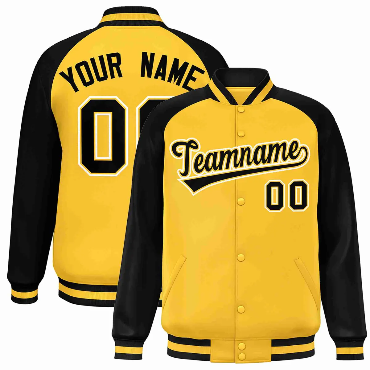 Gold Black-Gold Raglan Sleeves Varsity Letterman Full-Snap Jacket