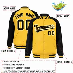 Gold Black-Gold Raglan Sleeves Varsity Letterman Full-Snap Jacket 2