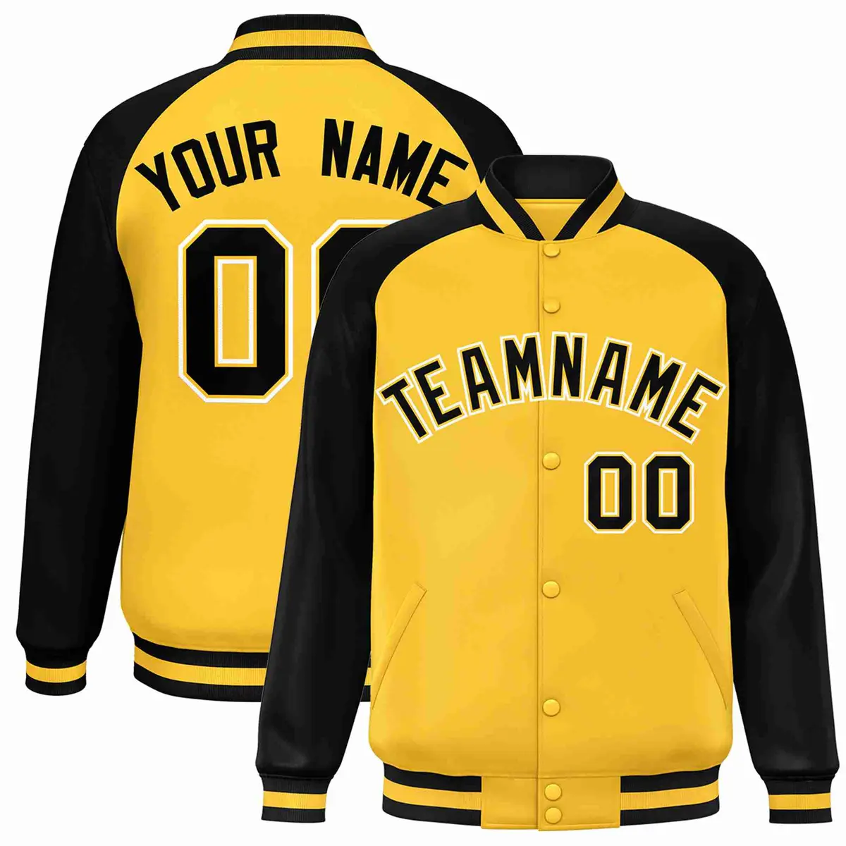 Gold Black-Gold Raglan Sleeves Varsity Letterman Full-Snap Jacket