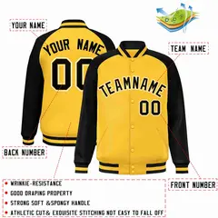 Gold Black-Gold Raglan Sleeves Varsity Letterman Full-Snap Jacket 2