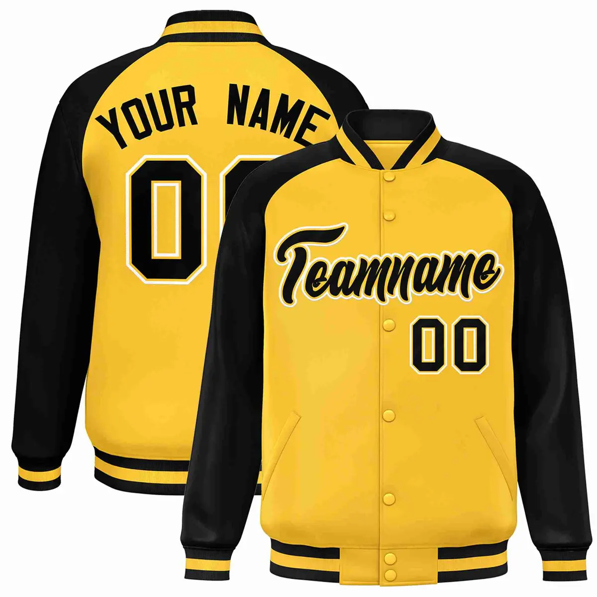 Gold Black-Gold Raglan Sleeves Varsity Letterman Full-Snap Jacket