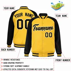 Gold Black-Gold Raglan Sleeves Varsity Letterman Full-Snap Jacket 2
