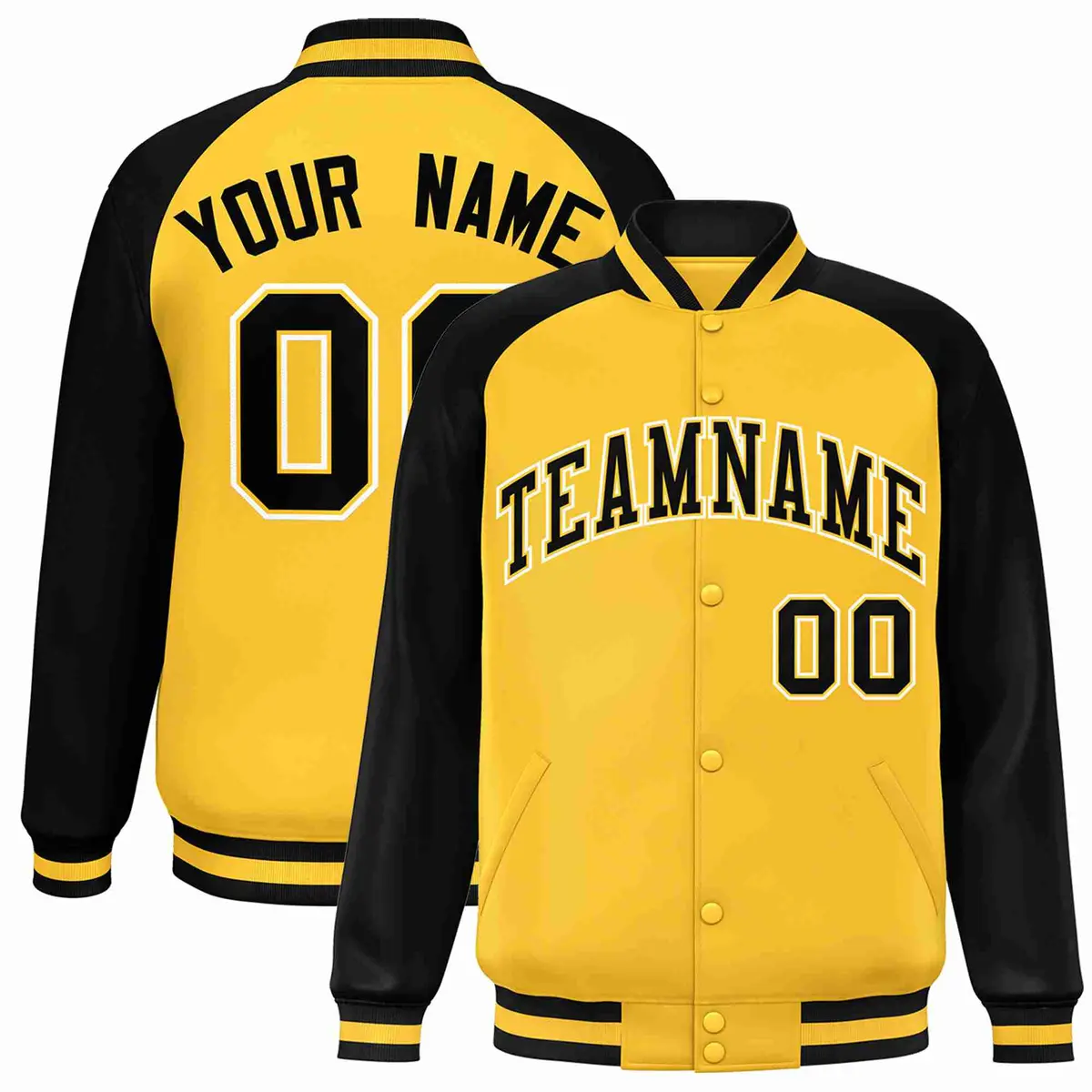 Gold Black-Gold Raglan Sleeves Varsity Letterman Full-Snap Jacket