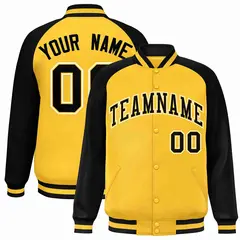 Gold Black-Gold Raglan Sleeves Varsity Letterman Full-Snap Jacket