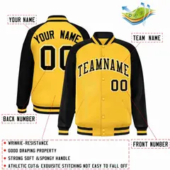 Gold Black-Gold Raglan Sleeves Varsity Letterman Full-Snap Jacket 2