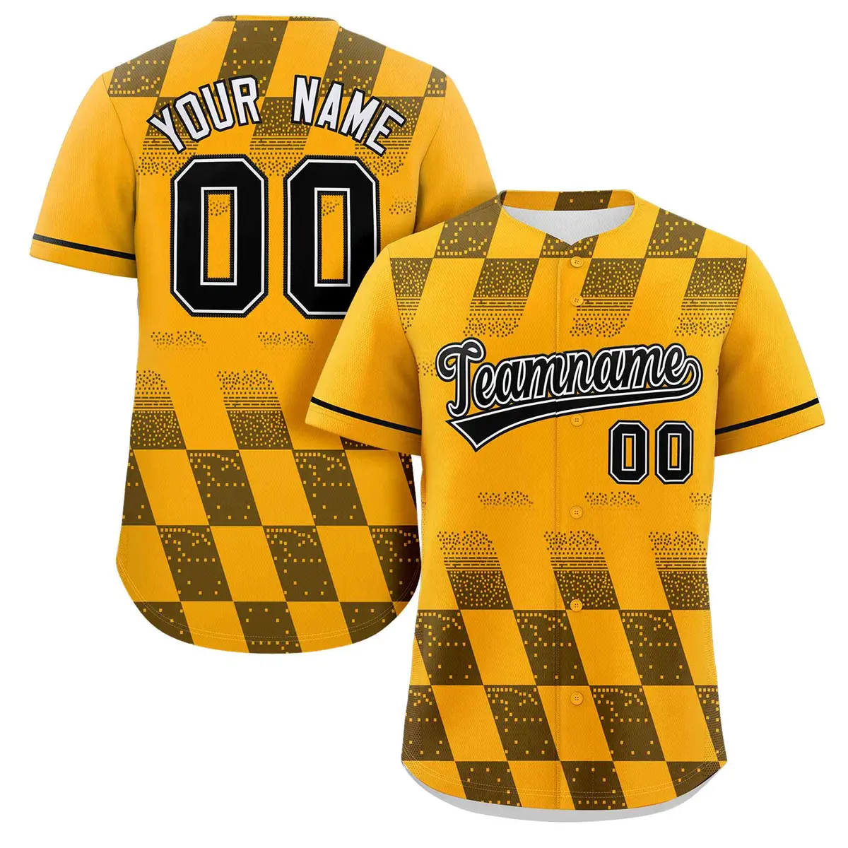 Gold Black Grid Speckles Color Block Baseball Jersey