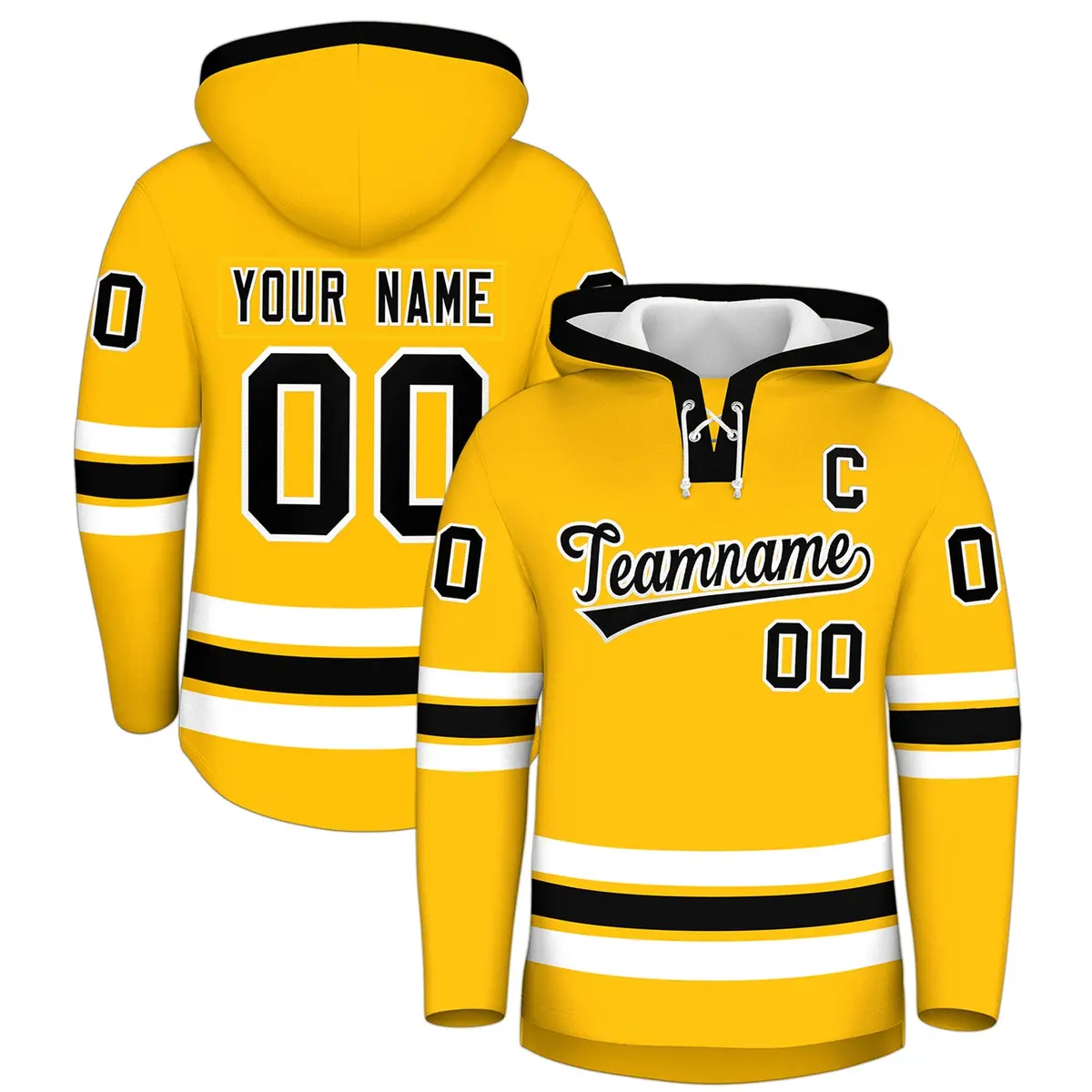 Gold Black Lace-Up Neck Hockey Hoodie