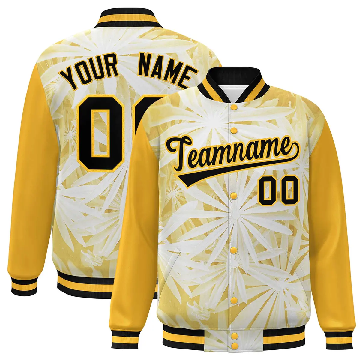 Gold Black Maple Leaf Graffiti Raglan Bomber Varsity Jacket