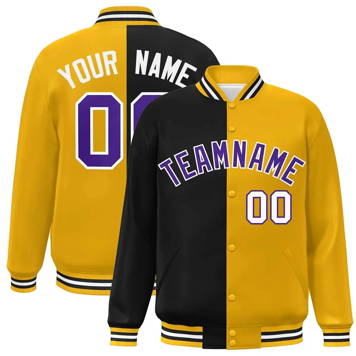 Gold Black-Purple Split Two Tone Letterman Varsity Full-Snap Jacket