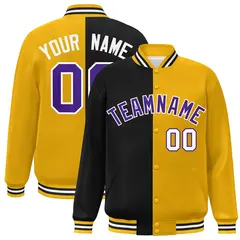 Gold Black-Purple Split Two Tone Letterman Varsity Full-Snap Jacket
