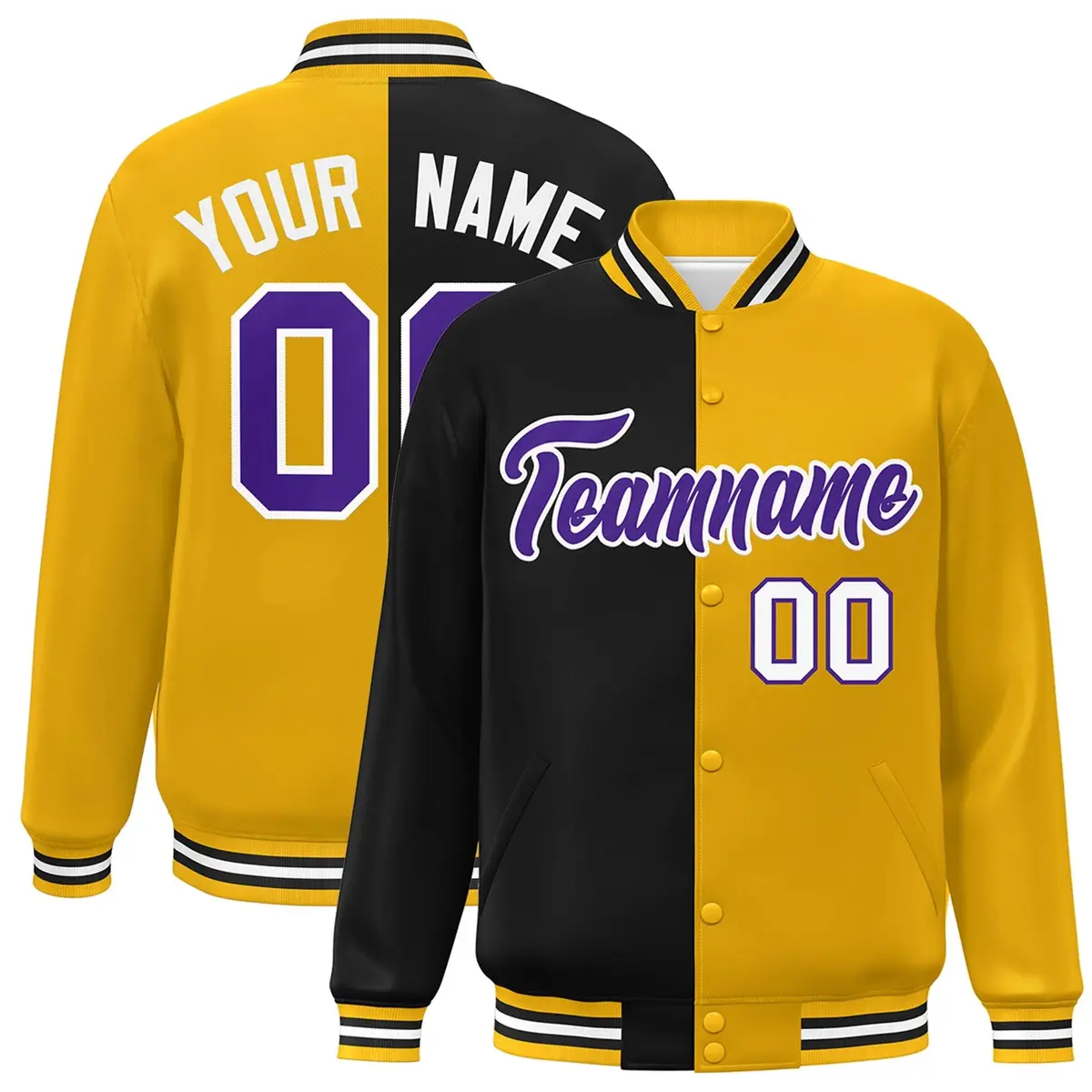 Gold Black-Purple Split Two Tone Letterman Varsity Full-Snap Jacket
