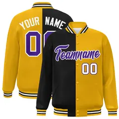 Gold Black-Purple Split Two Tone Letterman Varsity Full-Snap Jacket