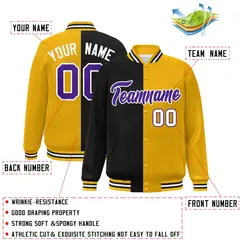 Gold Black-Purple Split Two Tone Letterman Varsity Full-Snap Jacket 2