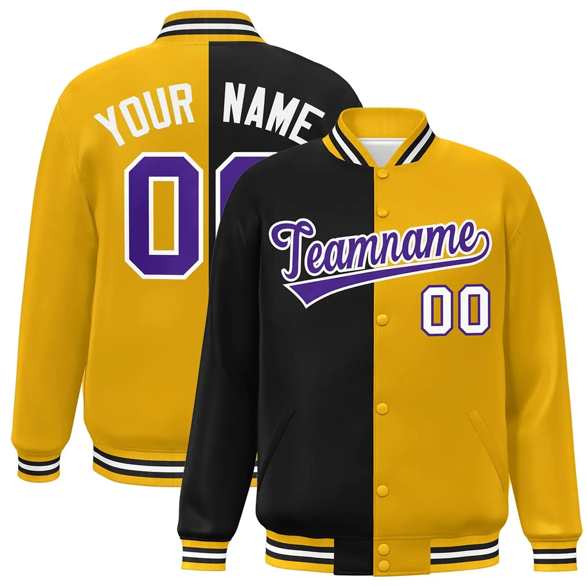 Gold Black-Purple Split Two Tone Letterman Varsity Full-Snap Jacket