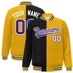 Gold Black-Purple Split Two Tone Letterman Varsity Full-Snap Jacket