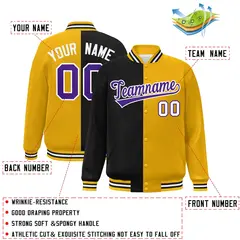 Gold Black-Purple Split Two Tone Letterman Varsity Full-Snap Jacket 2
