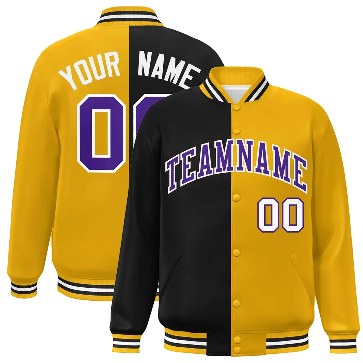 Gold Black-Purple Split Two Tone Letterman Varsity Full-Snap Jacket