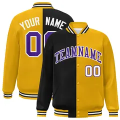Gold Black-Purple Split Two Tone Letterman Varsity Full-Snap Jacket