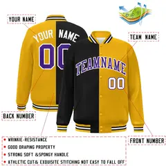 Gold Black-Purple Split Two Tone Letterman Varsity Full-Snap Jacket 2
