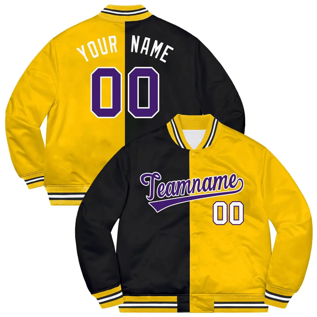 Gold Black-Purple Split Two Tone Letterman Varsity Jacket
