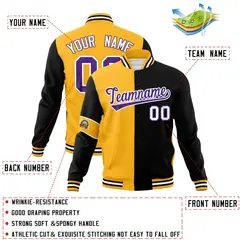 Gold Black-Purple Two Tone Full-Snap Split Letterman Jacket 4