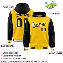 Gold Black Raglan Sleeves Full-Snap Varsity Letterman Two Tone Jacket Hoodie 4