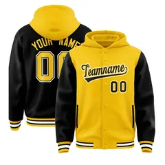 Gold Black Raglan Sleeves Full-Snap Varsity Letterman Two Tone Jacket Hoodie 1
