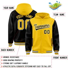 Gold Black Raglan Sleeves Full-Snap Varsity Letterman Two Tone Jacket Hoodie 4
