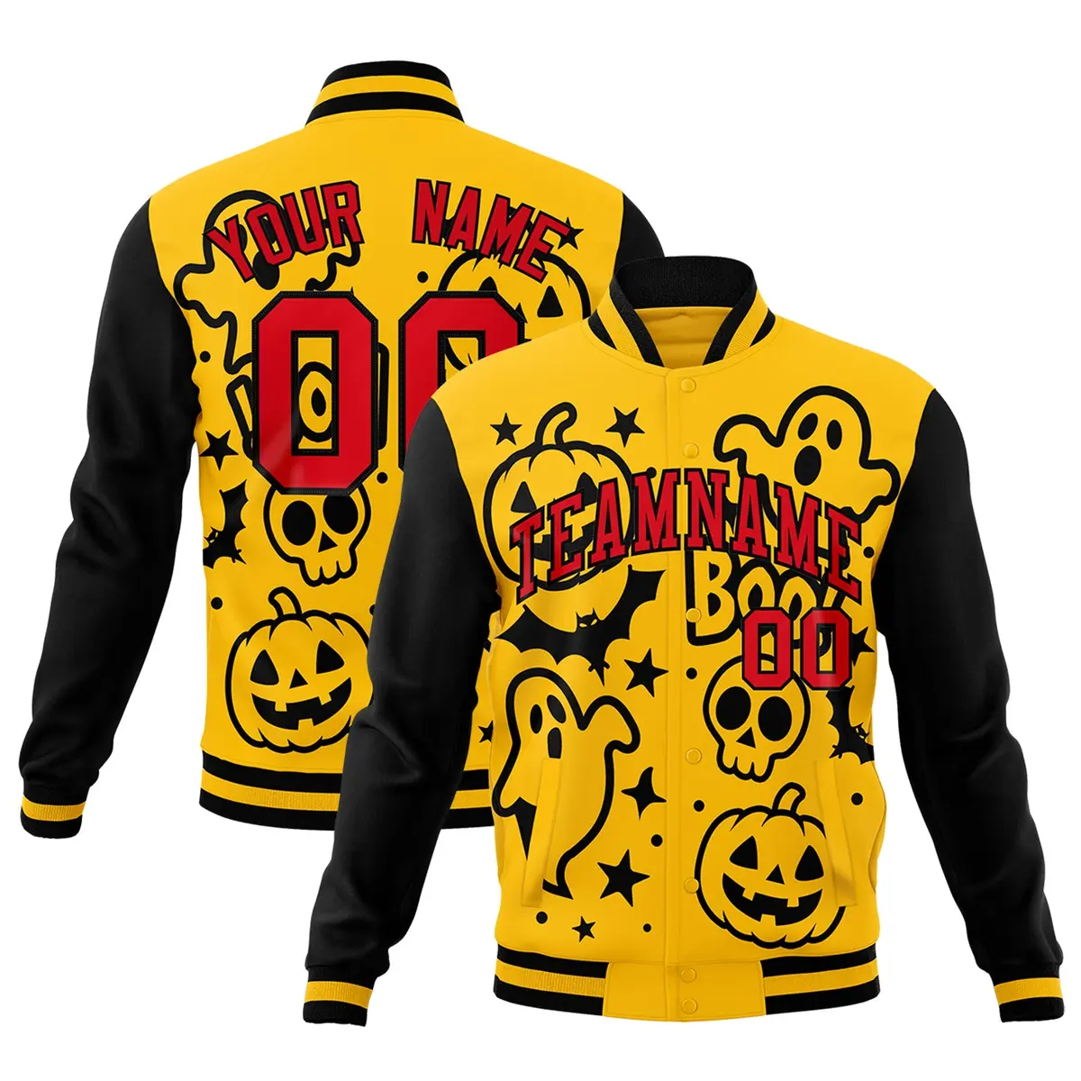 Gold Black Red Halloween Bats Pumpkins Ghost Letterman Jacket