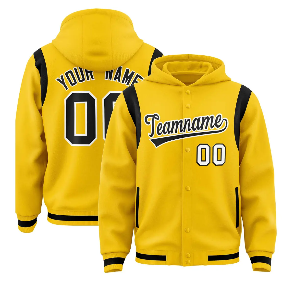 Gold Black Shoulder Color Block Varsity Letterman Jacket Hoodie