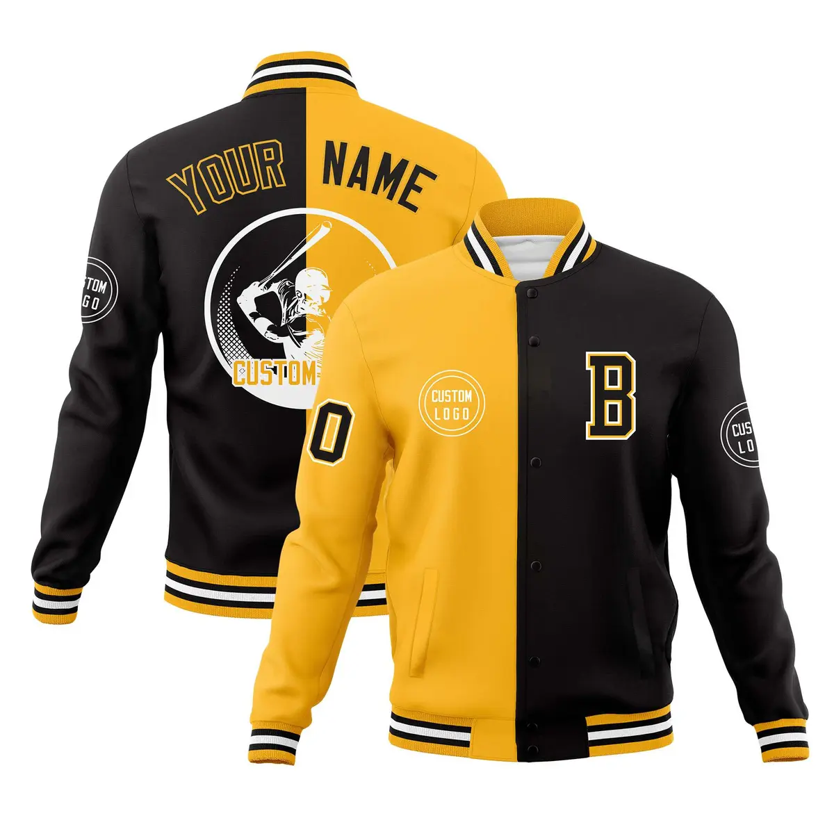 Gold Black Split Full-Snap Varsity Letterman Baseball Jacket