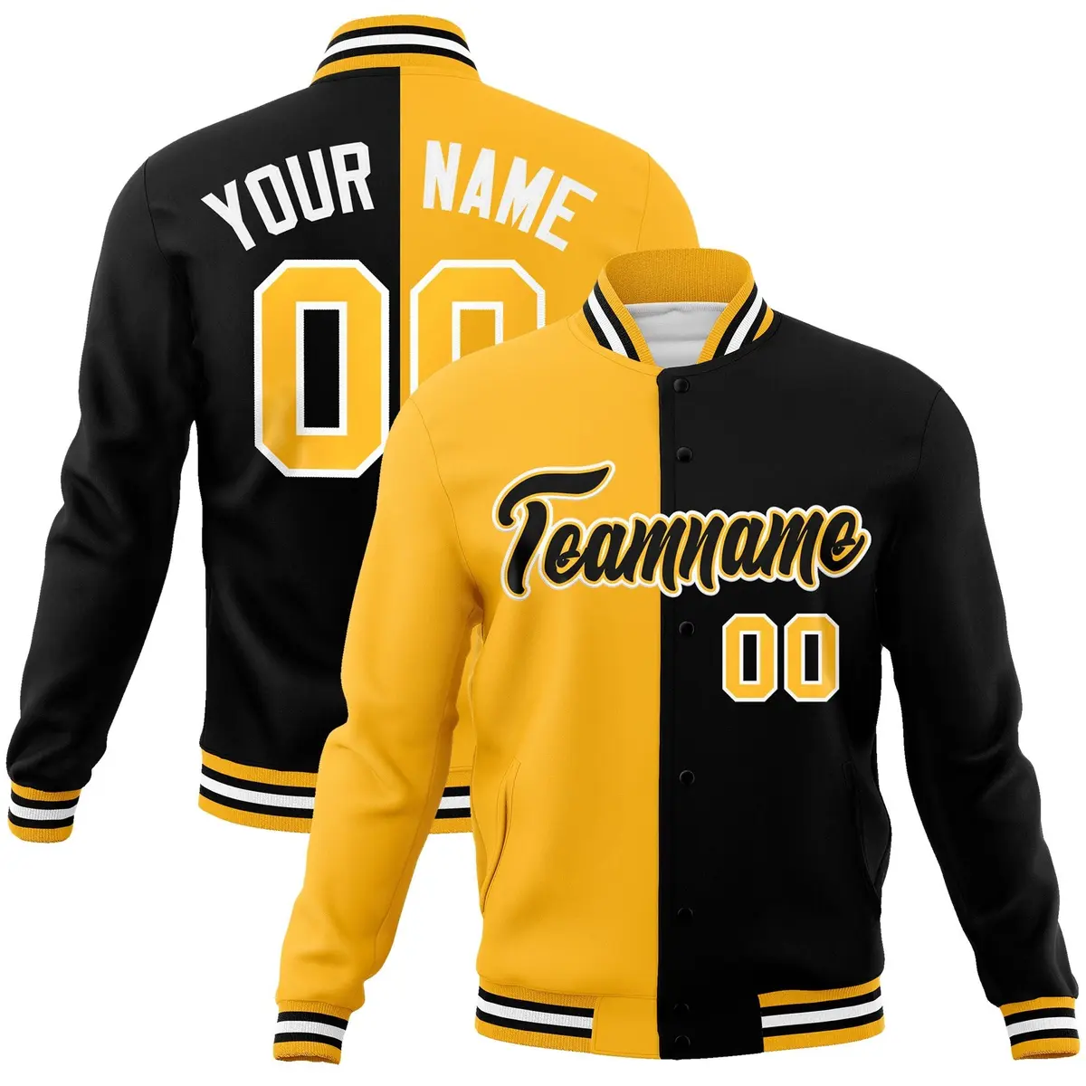Gold Black Split Varsity Full-Snap Letterman Jacket