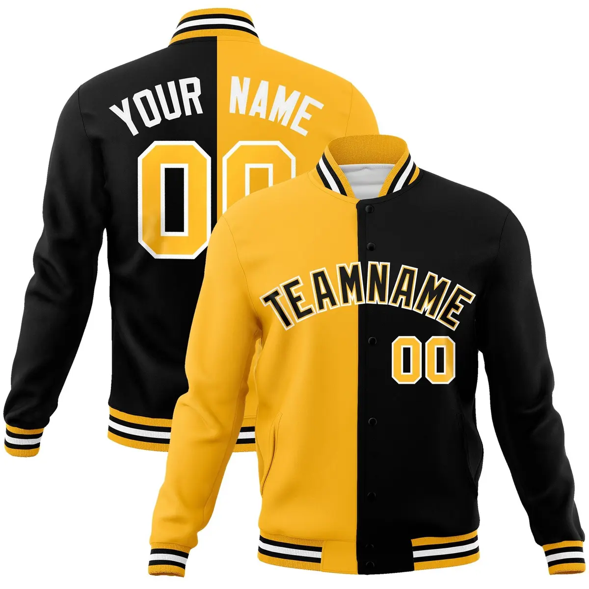 Gold Black Split Varsity Full-Snap Letterman Jacket