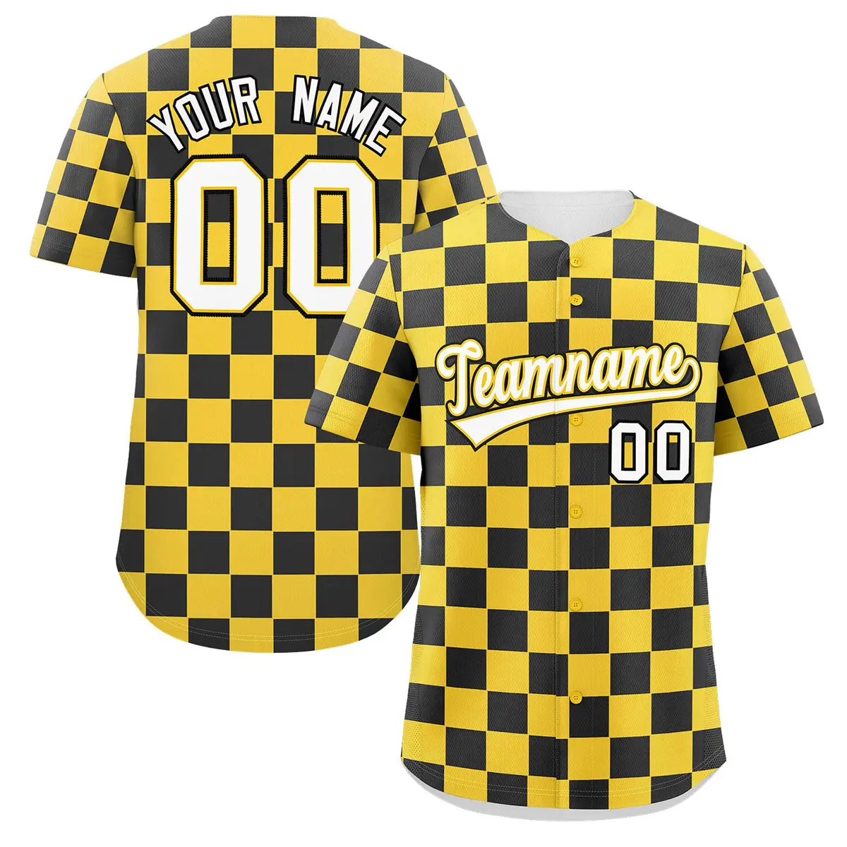 Gold Black Square Grid Color Block Baseball Jersey