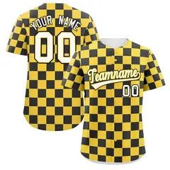 Gold Black Square Grid Color Block Baseball Jersey