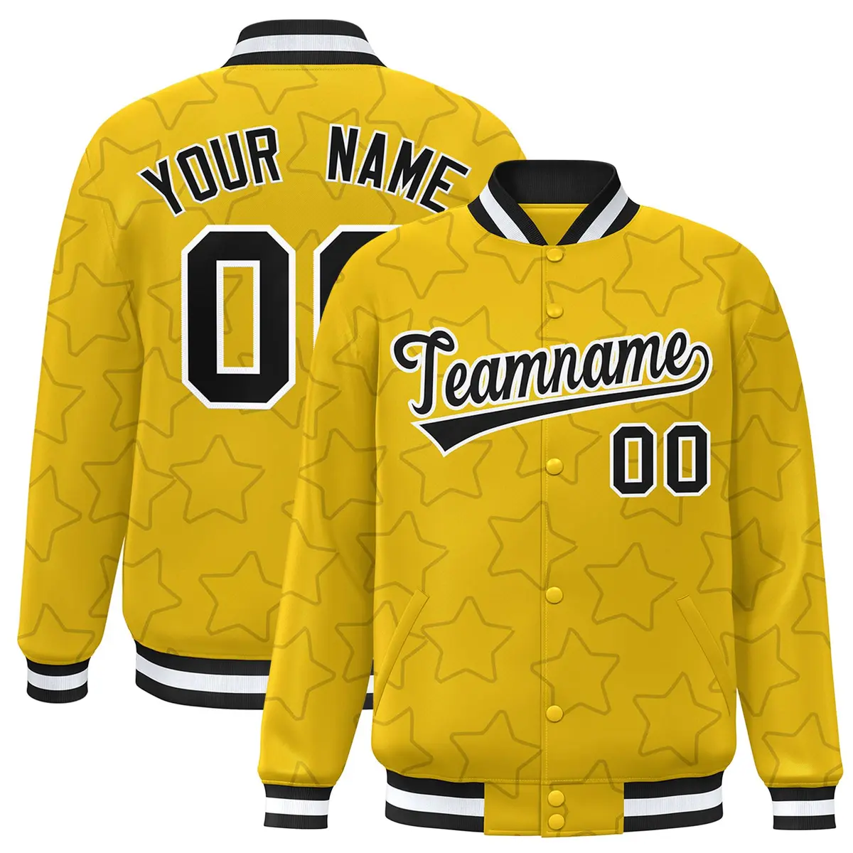 Gold Black Star Pattern Varsity Full-Snap Letterman Baseball Jacket