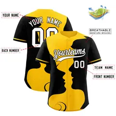 Gold Black Valentine's Day Couple Silhouettes Baseball Jersey 3
