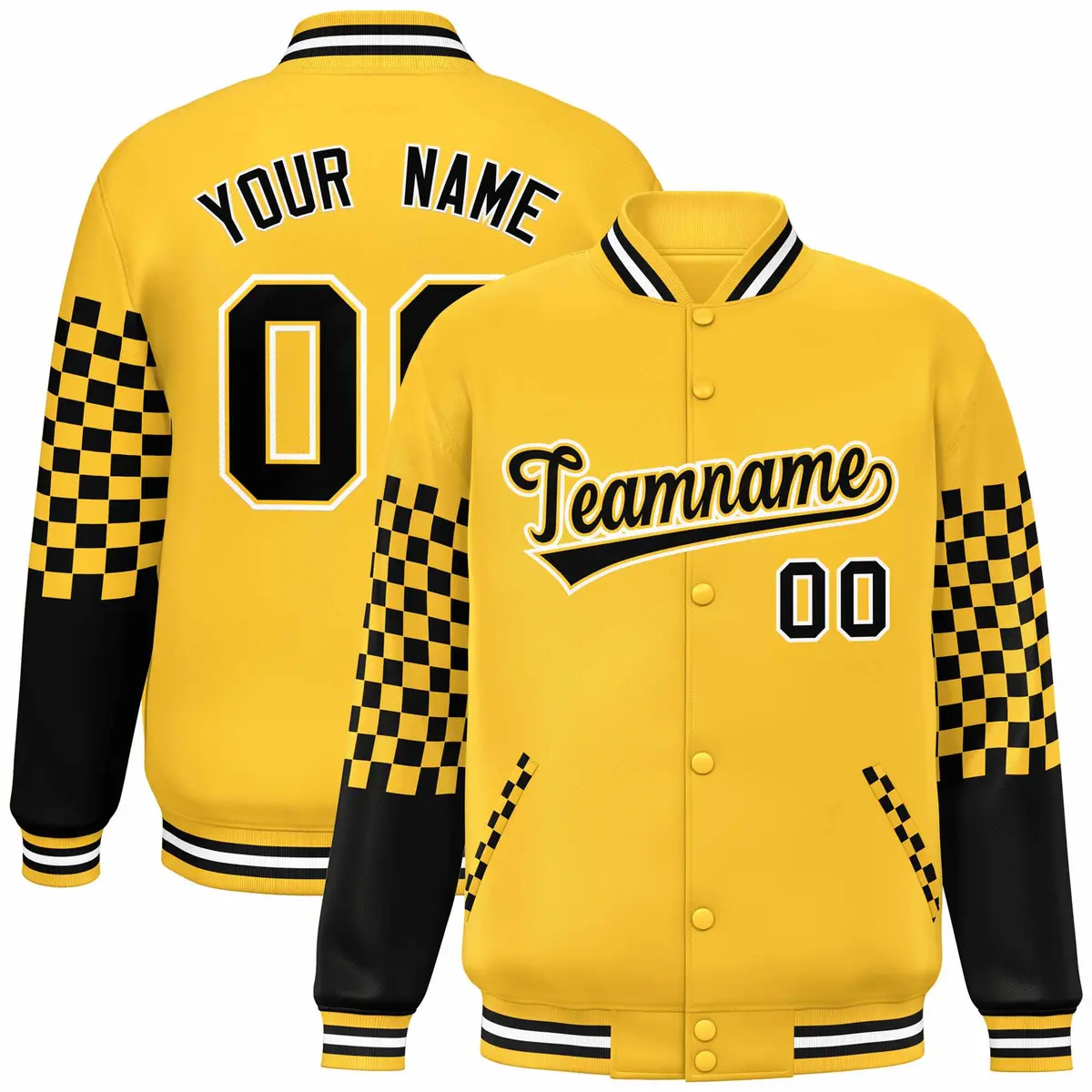 Gold Black-White Checkered Color Block Bomber Varsity Jacket