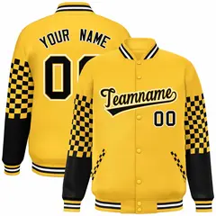 Gold Black-White Checkered Color Block Bomber Varsity Jacket 1