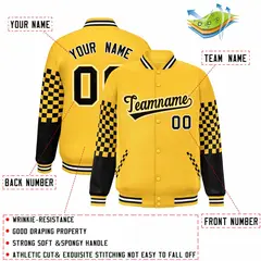 Gold Black-White Checkered Color Block Bomber Varsity Jacket 2