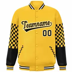 Gold Black-White Checkered Color Block Bomber Varsity Jacket 3