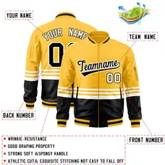 Gold Black-White Color Block Full-Zip Varsity Letterman Jacket 2