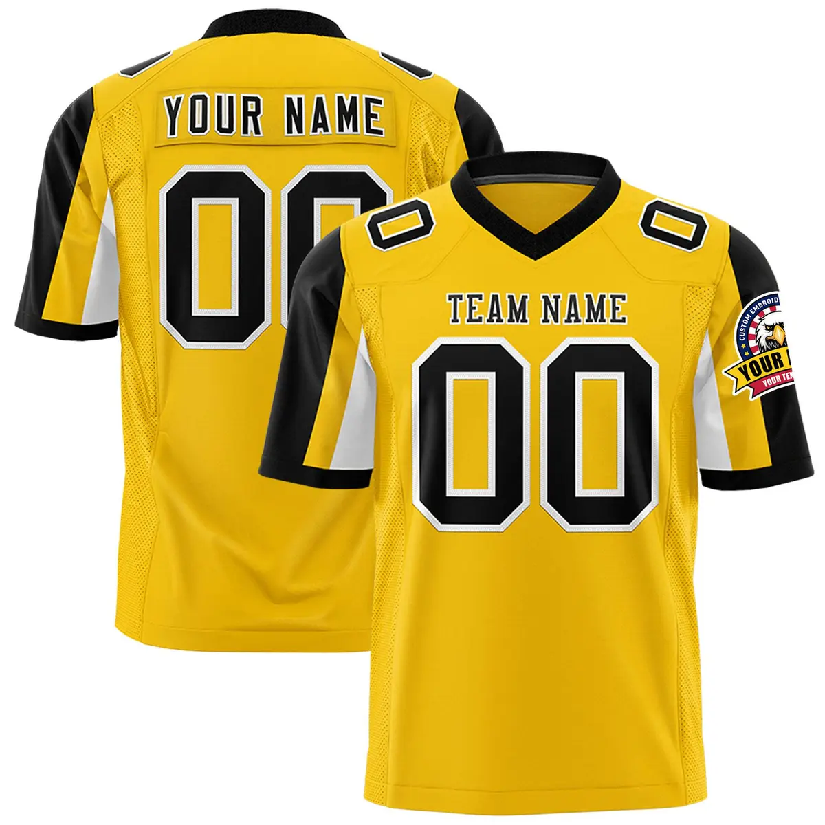 Gold Black-White Color Block Raglan Sleeves Football Jersey