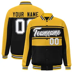 Gold Black-White Color Block Varsity Full-Snap Bomber Jacket