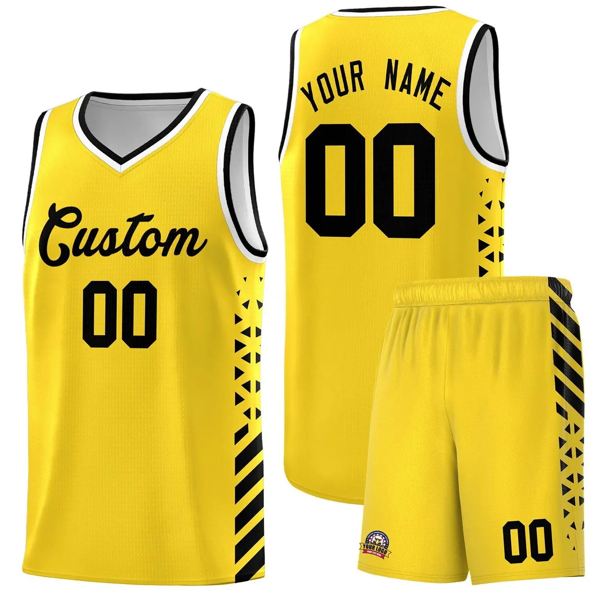 Gold Black White Diamond Stripe Side Basketball Jersey