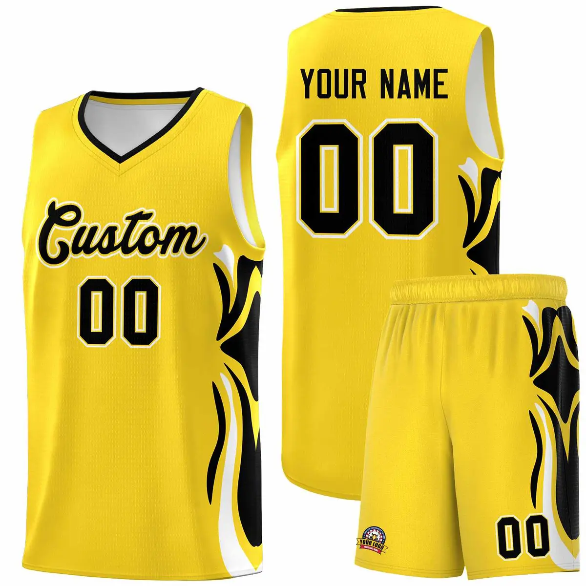 Gold Black White Graffiti Side Curve Basketball Jersey Sets