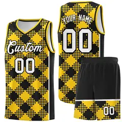 Gold Black-White Grid Basketball Kits For Team
