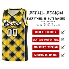 Gold Black-White Grid Basketball Kits For Team 2