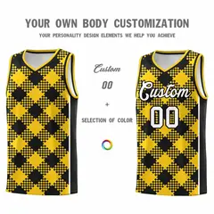 Gold Black-White Grid Basketball Kits For Team 3