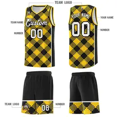 Gold Black-White Grid Basketball Kits For Team 5